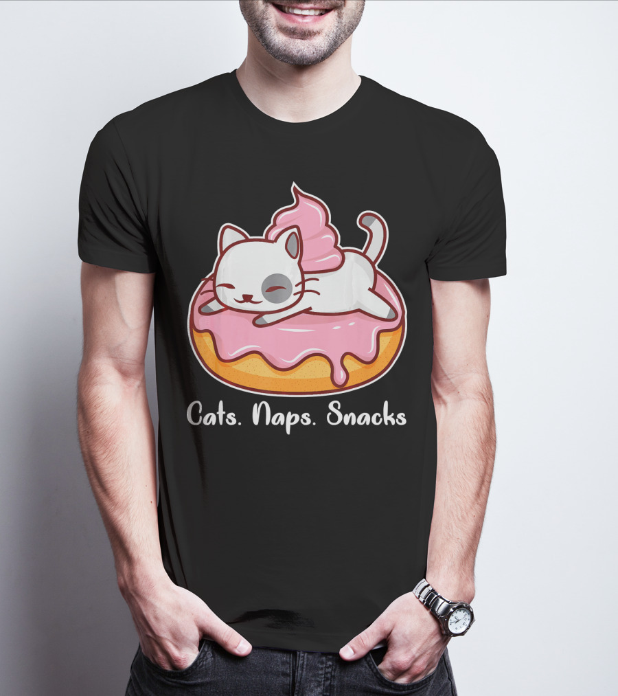 Cats Naps Snacks With Cute Kitty On Pink Icing Donut T-Shirt