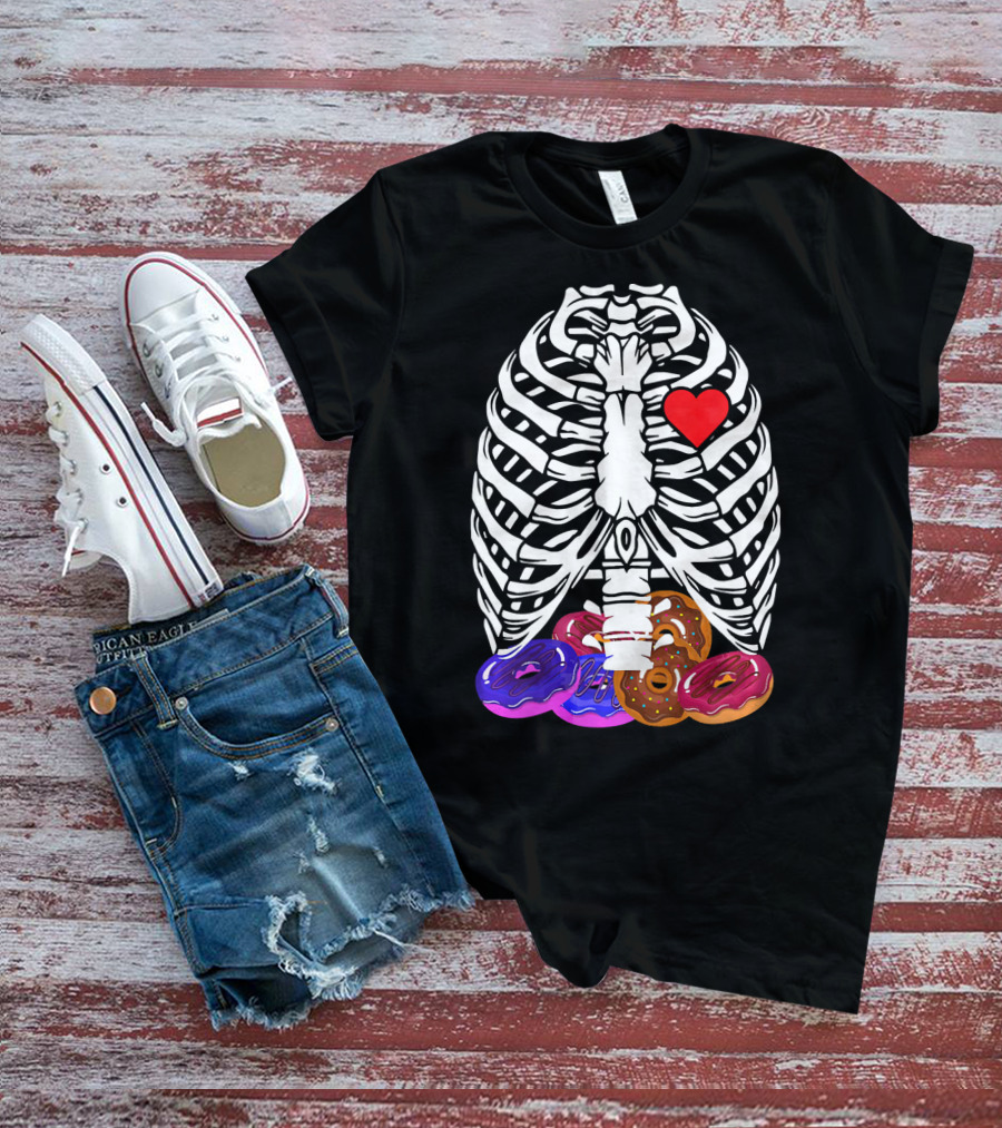 Funny Halloween Rib Cage Skeleton With Heart And Colorful Donuts T-Shirt