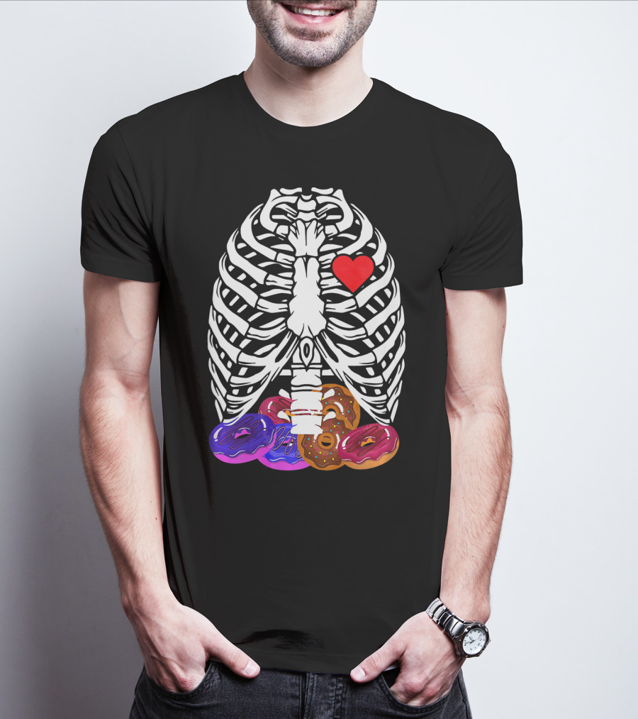 Funny Halloween Rib Cage Skeleton With Heart And Colorful Donuts T-Shirt