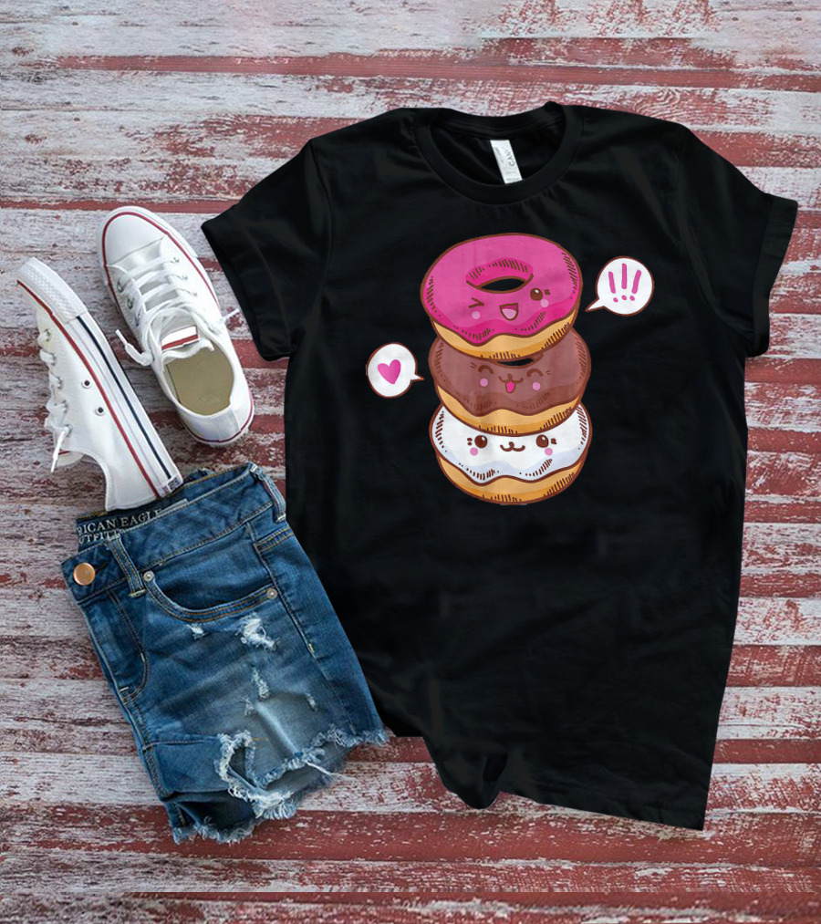 Kawaii Cheerleading Donut Stack With Cute Expressions And Heart Speech Bubbles T-Shirt