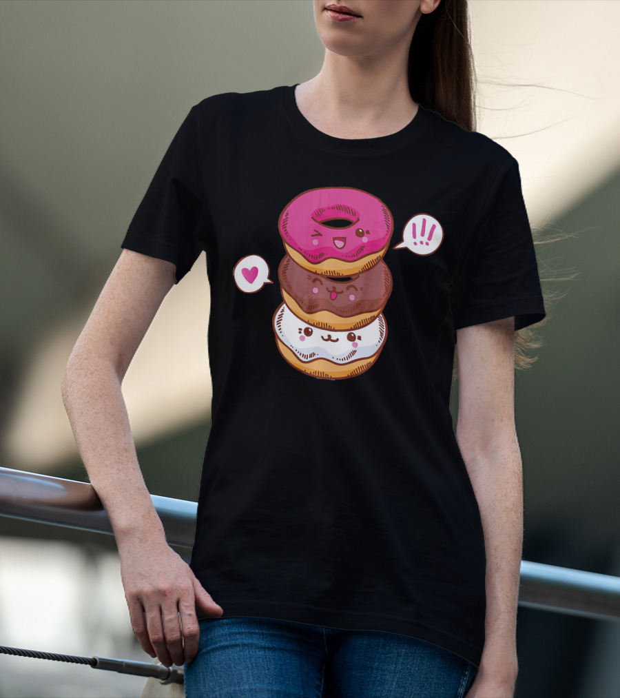 Kawaii Cheerleading Donut Stack With Cute Expressions And Heart Speech Bubbles T-Shirt