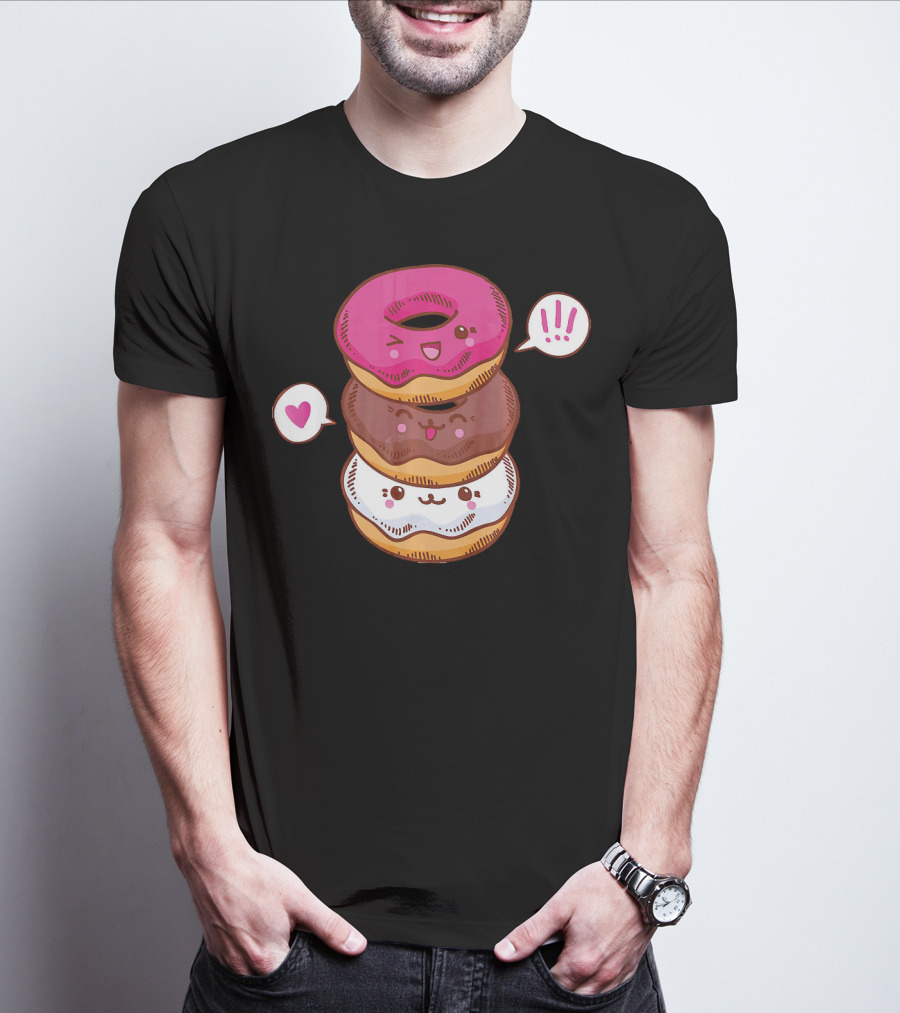 Kawaii Cheerleading Donut Stack With Cute Expressions And Heart Speech Bubbles T-Shirt