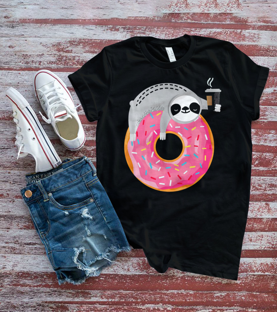 Sloth Relaxing On Sprinkled Donut Holding Steaming Coffee Cup T-Shirt