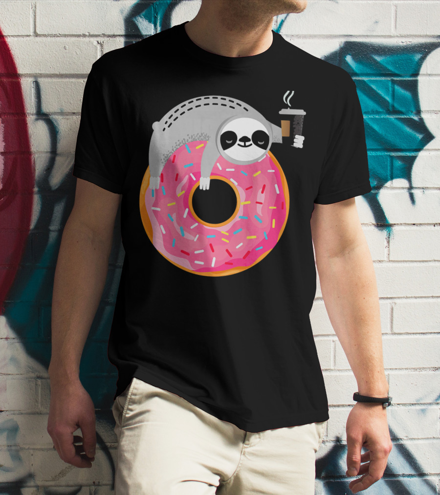 Sloth Relaxing On Sprinkled Donut Holding Steaming Coffee Cup T-Shirt