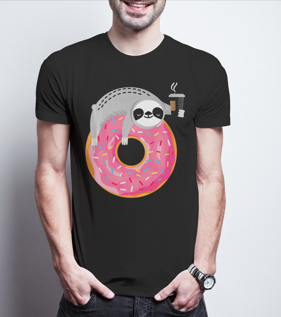 Sloth Relaxing On Sprinkled Donut Holding Steaming Coffee Cup T-Shirt