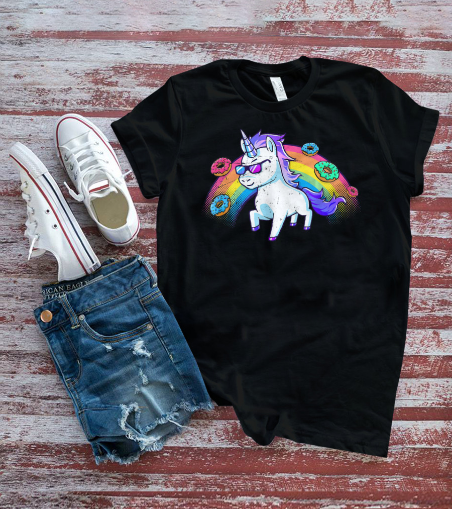 Donut Unicorn In Sunglasses With Rainbow T-Shirt