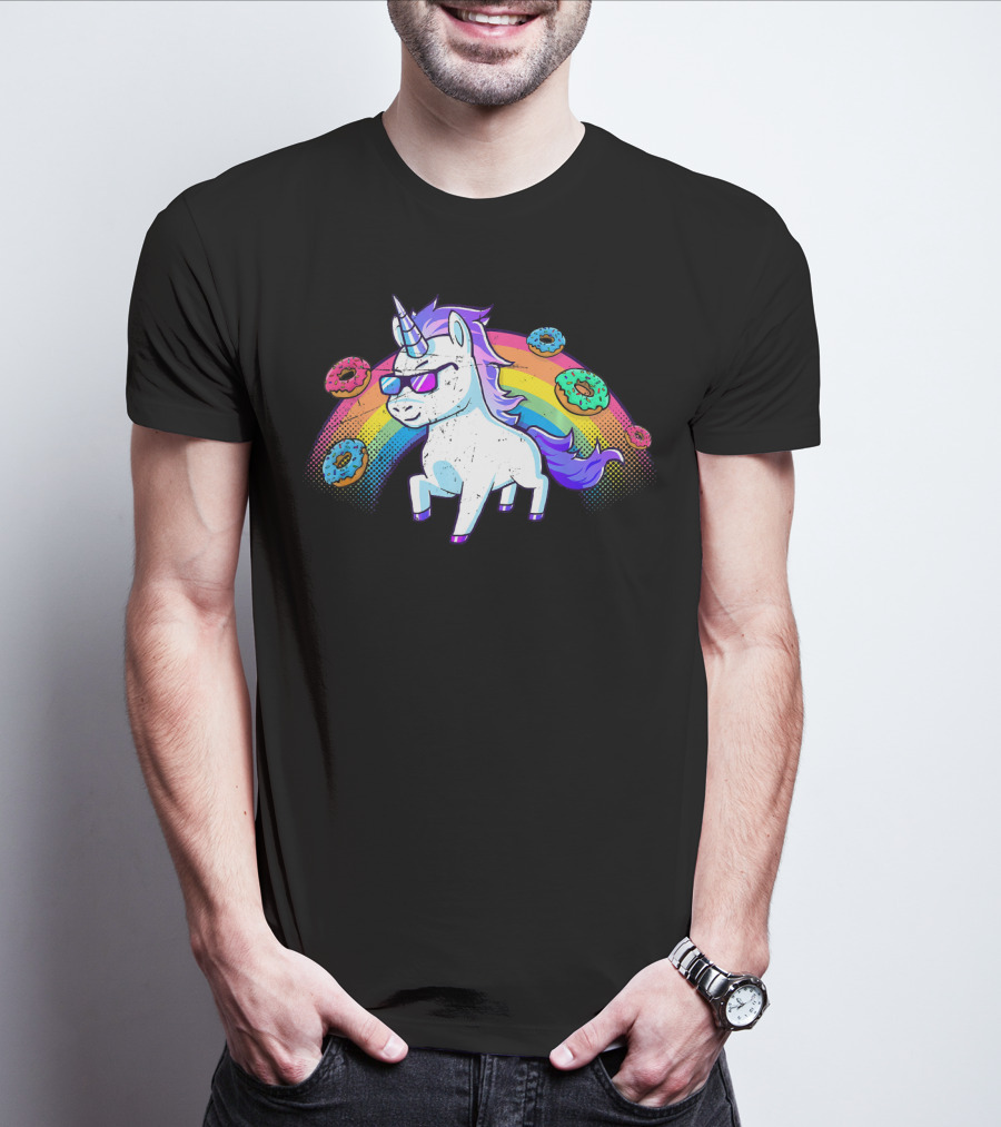 Donut Unicorn In Sunglasses With Rainbow T-Shirt