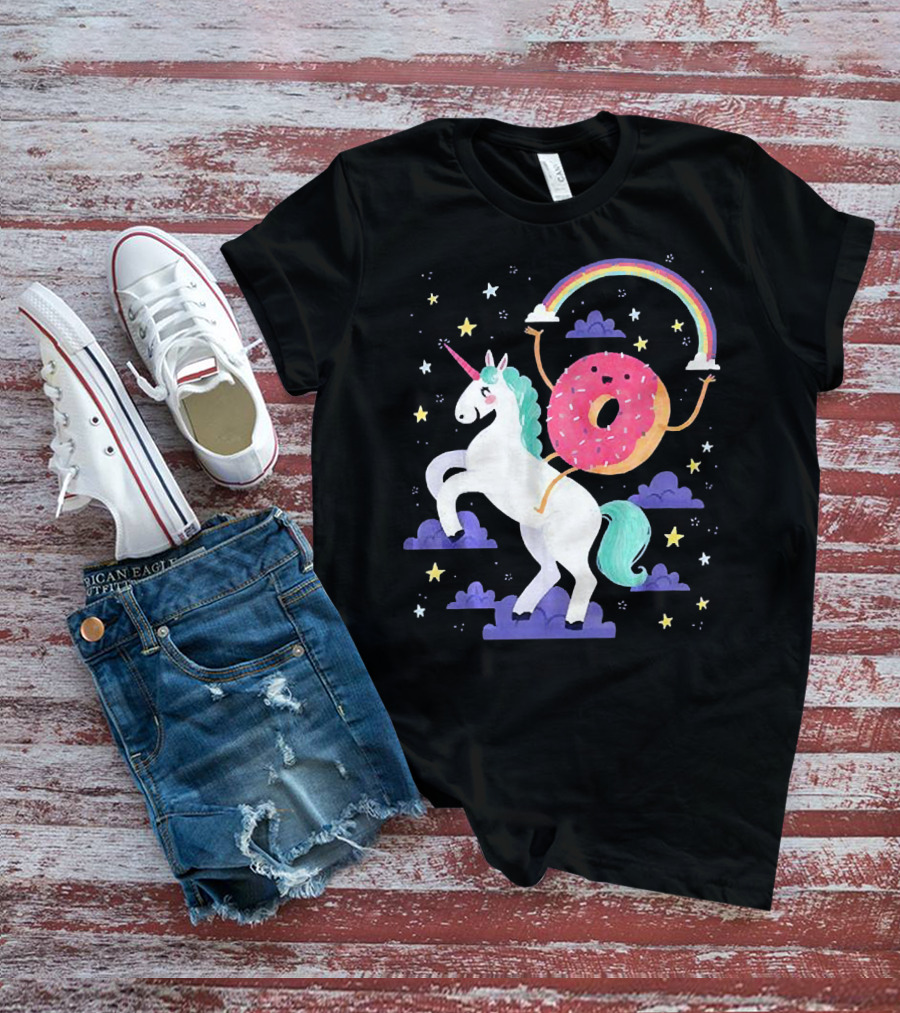Donut Riding Unicorn With Rainbow And Stars T-Shirt
