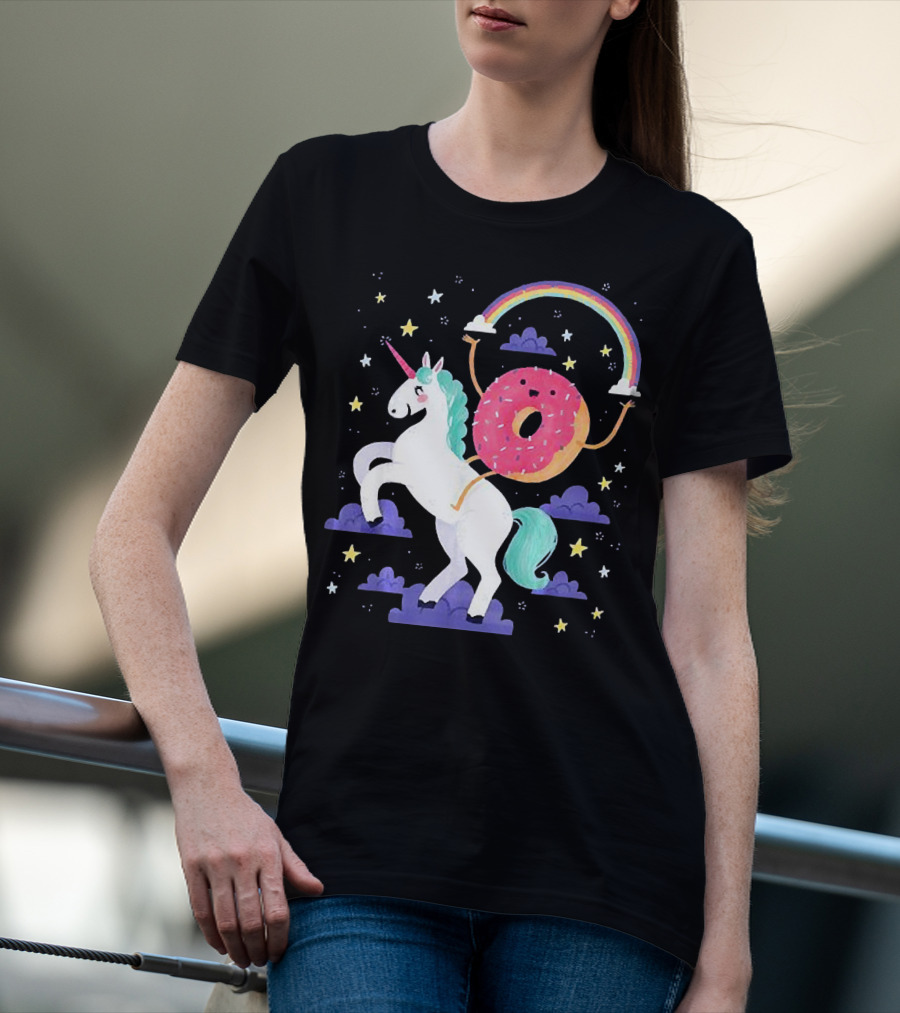 Donut Riding Unicorn With Rainbow And Stars T-Shirt