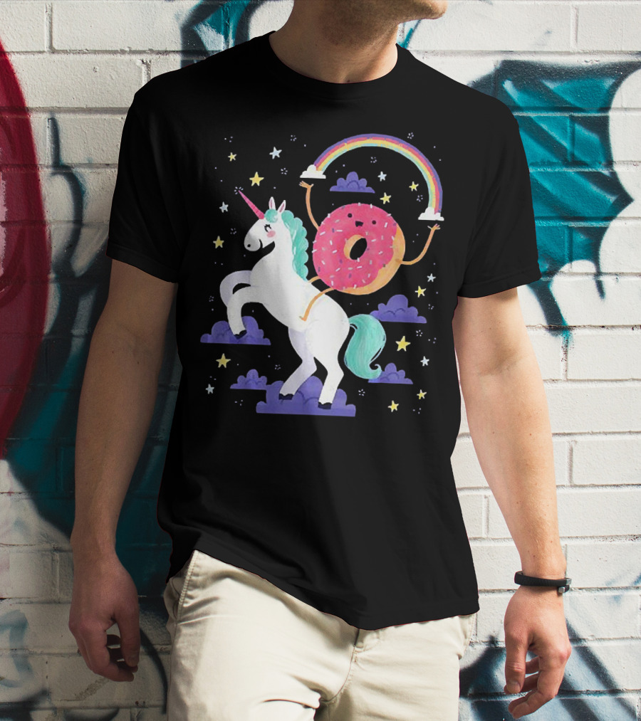 Donut Riding Unicorn With Rainbow And Stars T-Shirt
