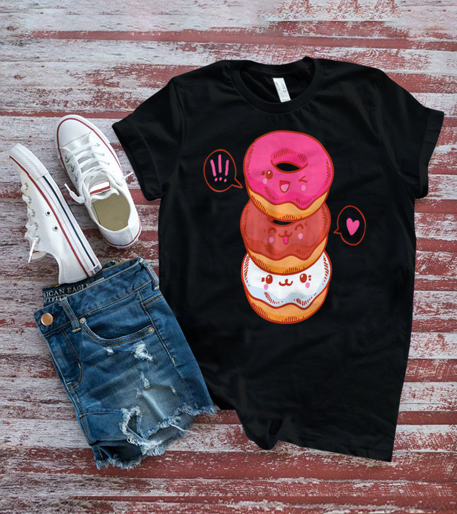 Kawaii Donuts Stack With Cute Faces And Heart T-Shirt