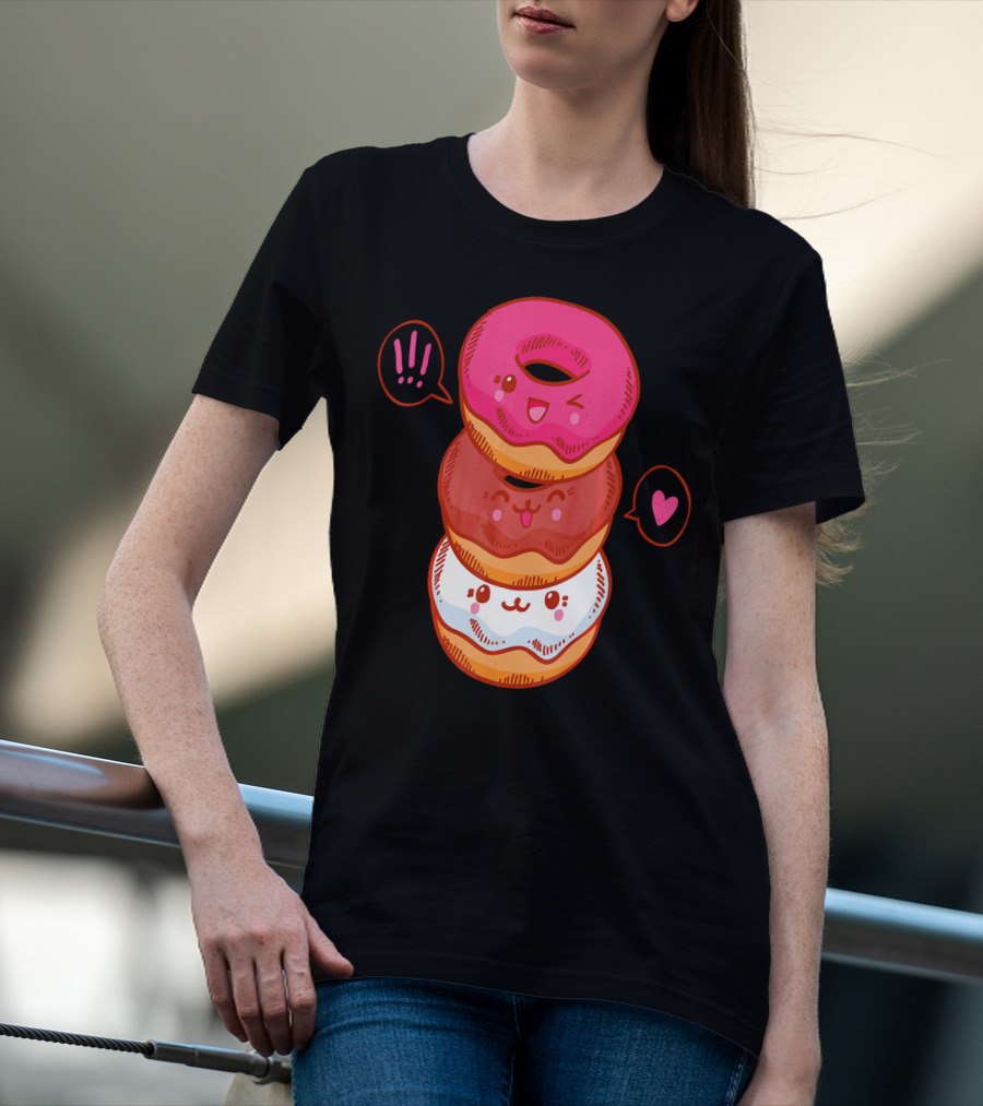 Kawaii Donuts Stack With Cute Faces And Heart T-Shirt