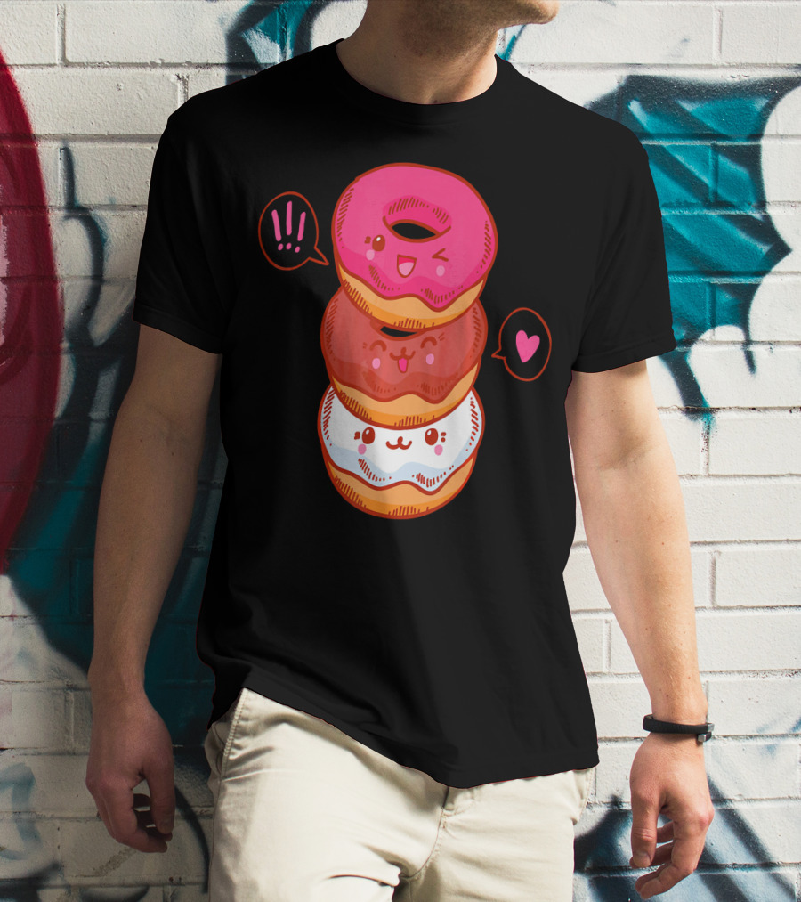 Kawaii Donuts Stack With Cute Faces And Heart T-Shirt