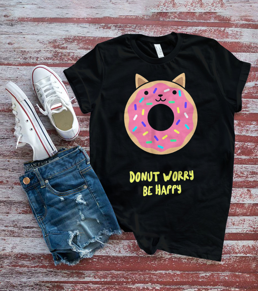 Kawaii Japanese Anime Pink Sprinkle Cat Donut Worry Be Happy T-Shirt