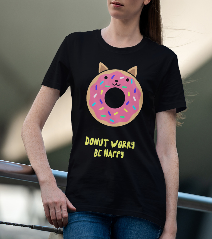 Kawaii Japanese Anime Pink Sprinkle Cat Donut Worry Be Happy T-Shirt