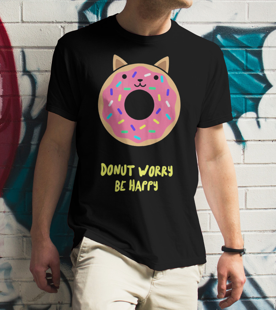 Kawaii Japanese Anime Pink Sprinkle Cat Donut Worry Be Happy T-Shirt