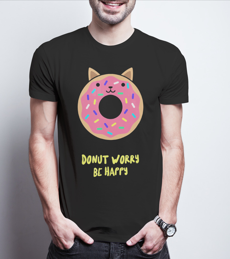 Kawaii Japanese Anime Pink Sprinkle Cat Donut Worry Be Happy T-Shirt