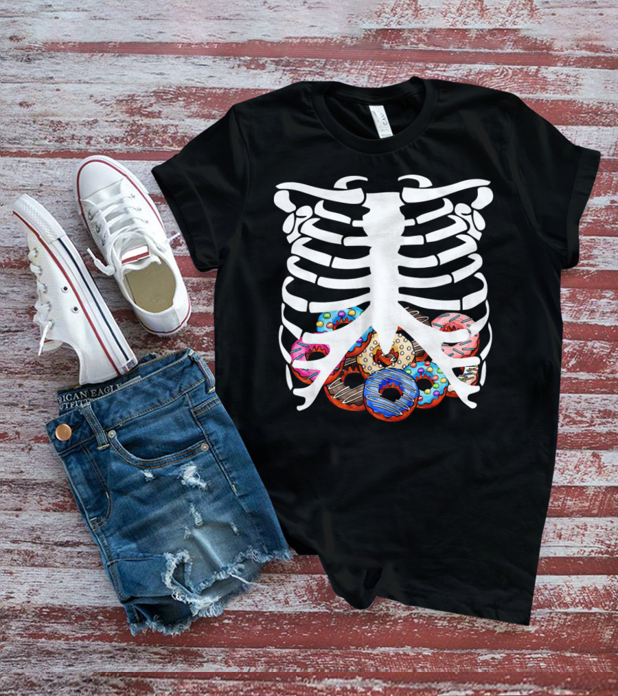Halloween Skeleton Ribcage With Colorful Donut Food T-Shirt