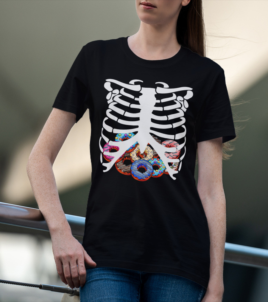 Halloween Skeleton Ribcage With Colorful Donut Food T-Shirt