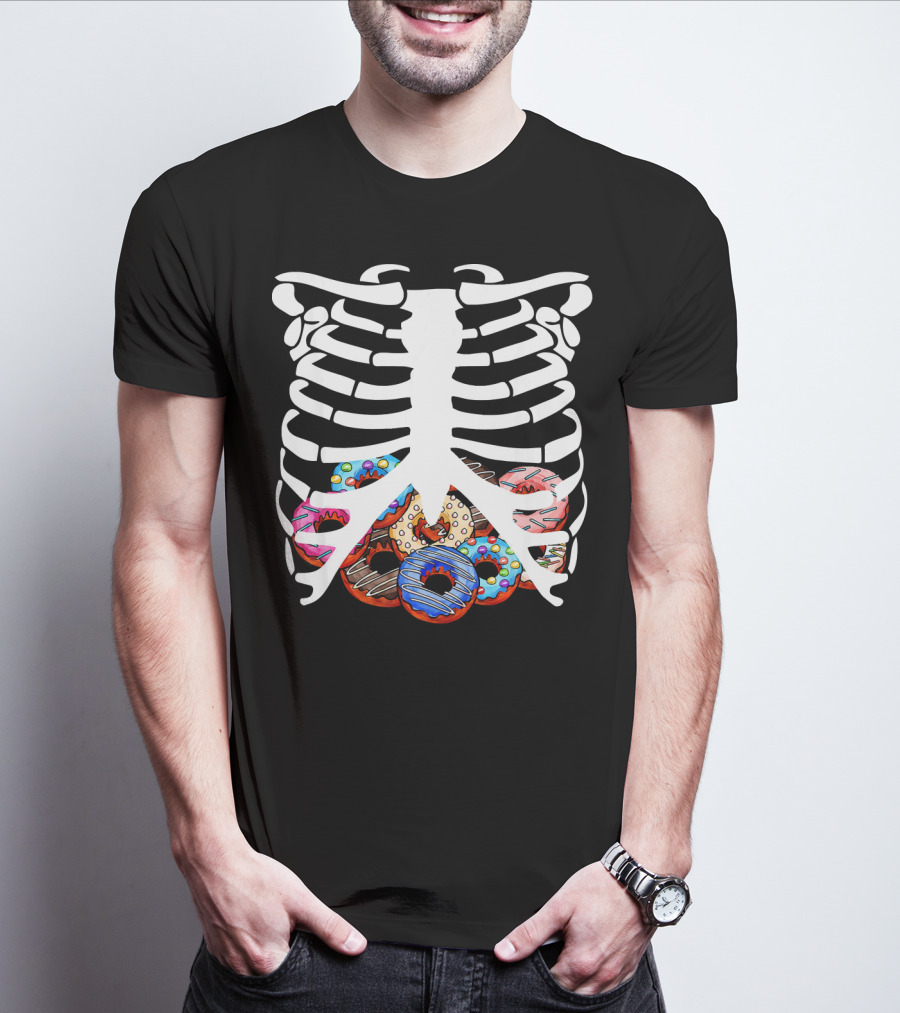 Halloween Skeleton Ribcage With Colorful Donut Food T-Shirt
