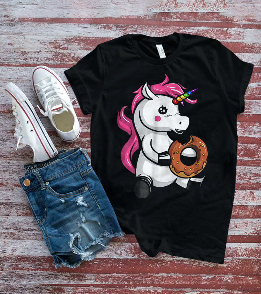 Magical Unicorn With Rainbow Horn Enjoying Chocolate Donut T-Shirt