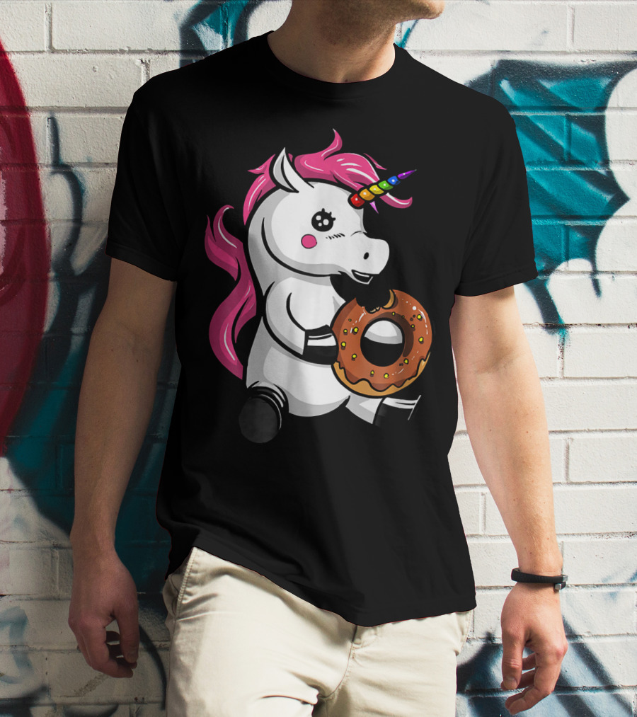 Magical Unicorn With Rainbow Horn Enjoying Chocolate Donut T-Shirt