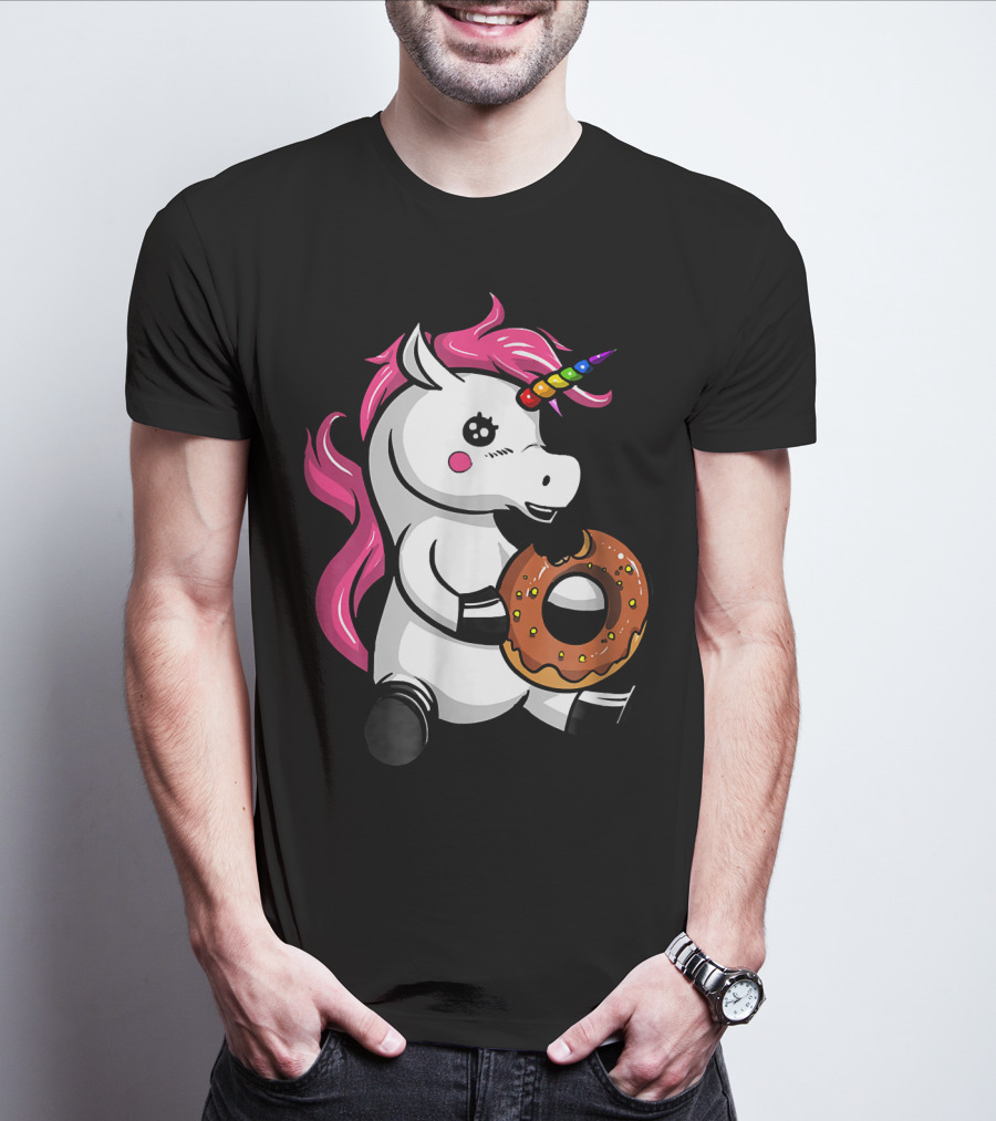 Magical Unicorn With Rainbow Horn Enjoying Chocolate Donut T-Shirt