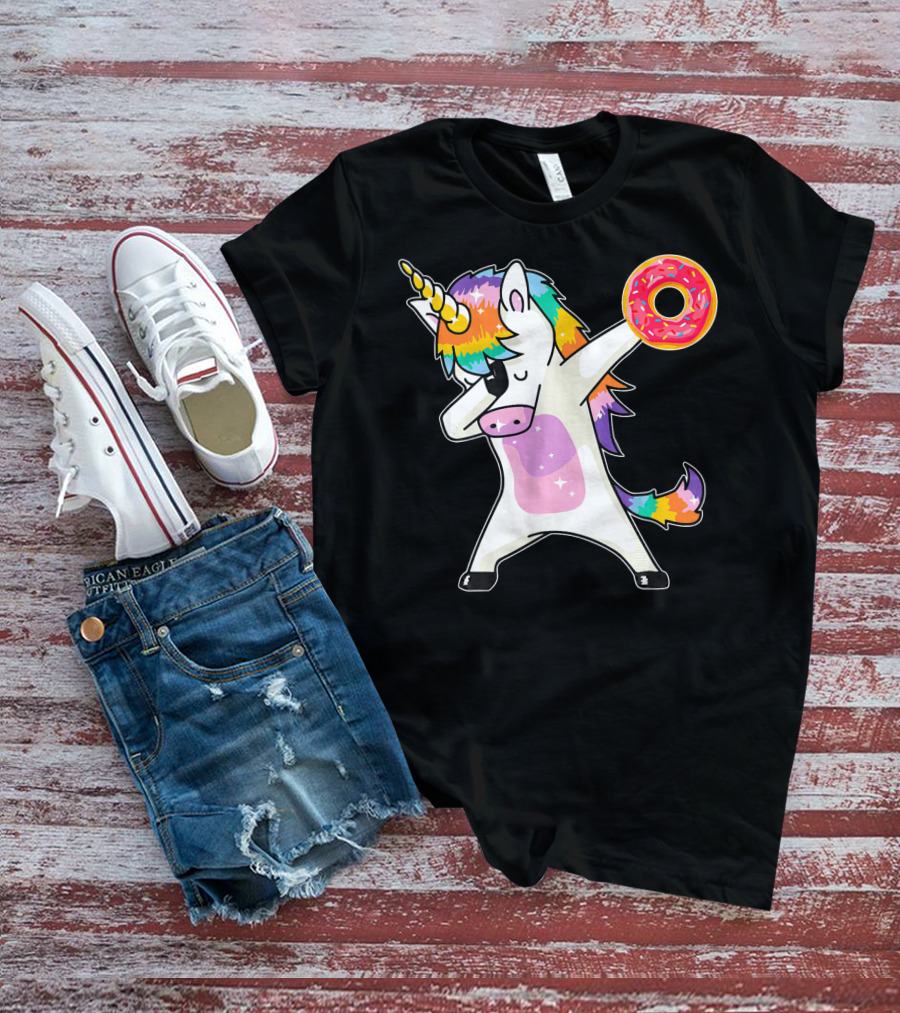 Cute Dabbing Rainbow Unicorn Holding Doughnut Donut T-Shirt