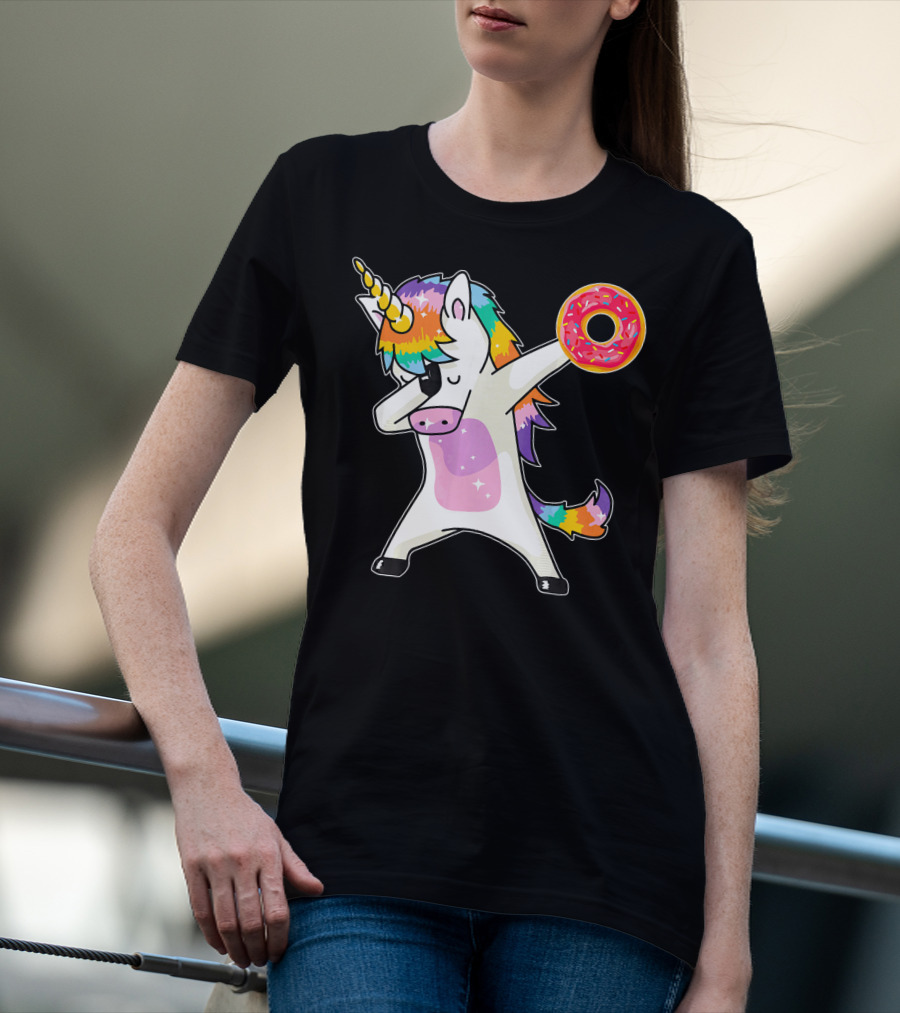 Cute Dabbing Rainbow Unicorn Holding Doughnut Donut T-Shirt