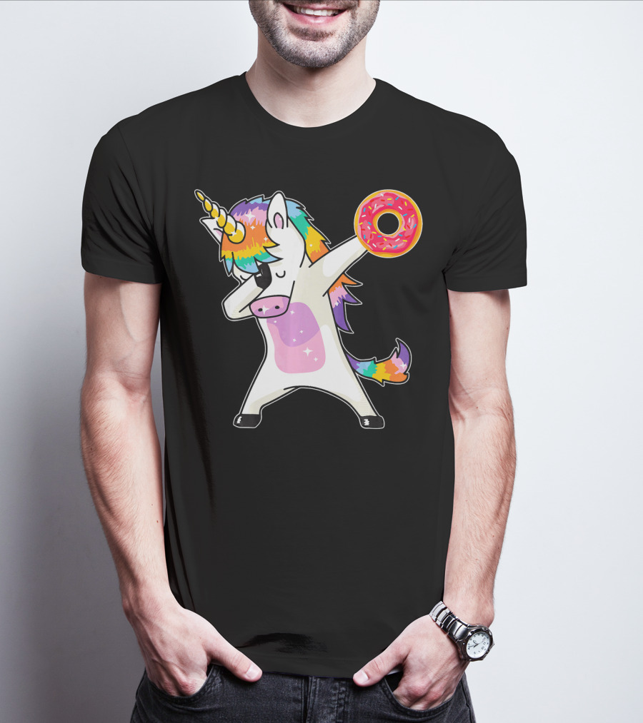 Cute Dabbing Rainbow Unicorn Holding Doughnut Donut T-Shirt