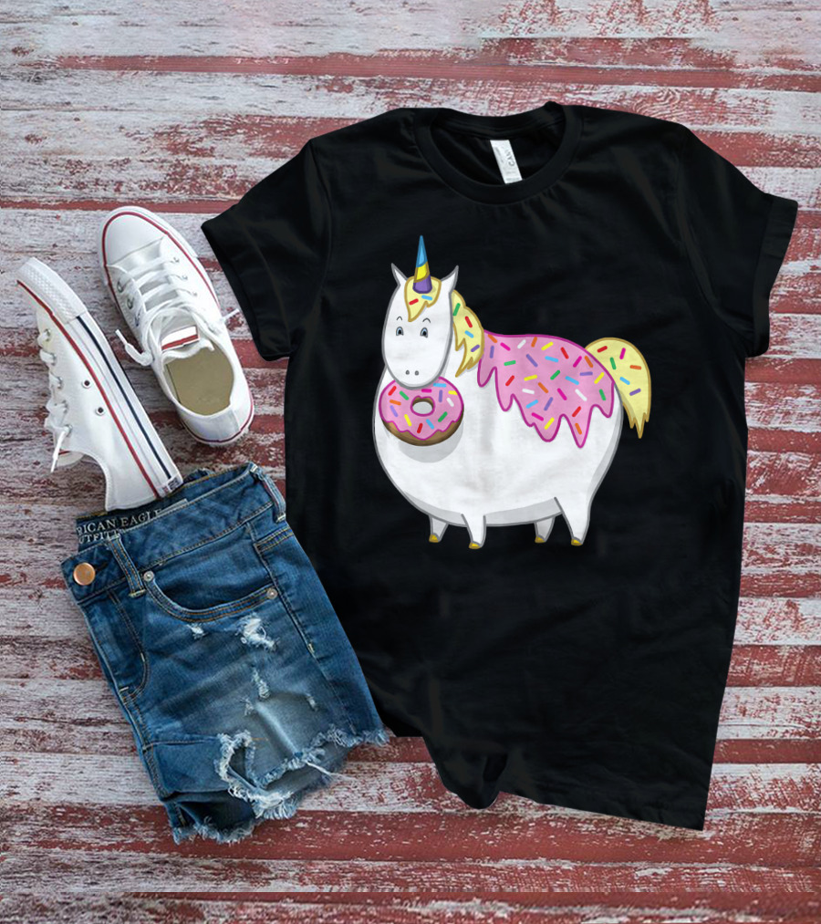 Funny Cute Fat Unicorn With Pink Frosting Doughnut T-Shirt