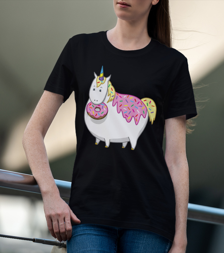 Funny Cute Fat Unicorn With Pink Frosting Doughnut T-Shirt