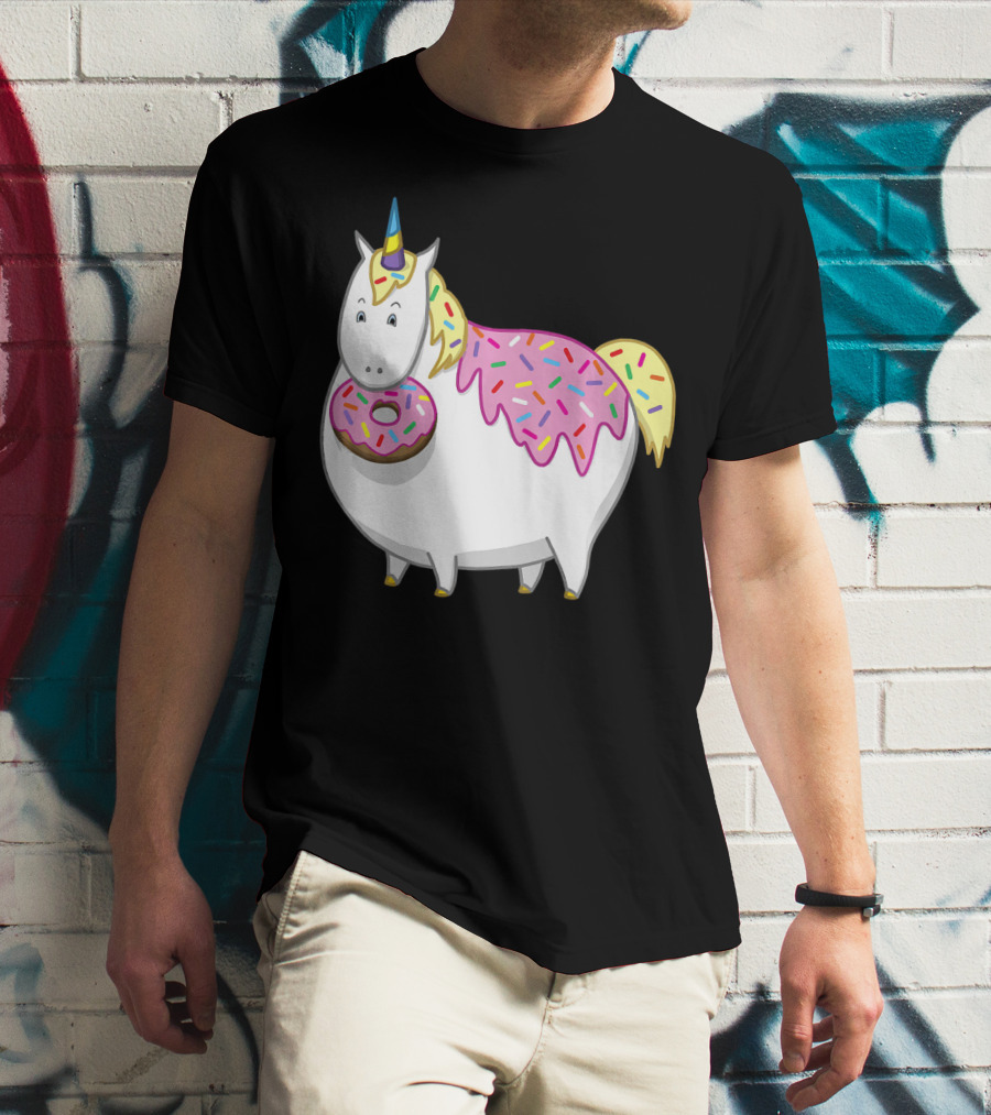 Funny Cute Fat Unicorn With Pink Frosting Doughnut T-Shirt