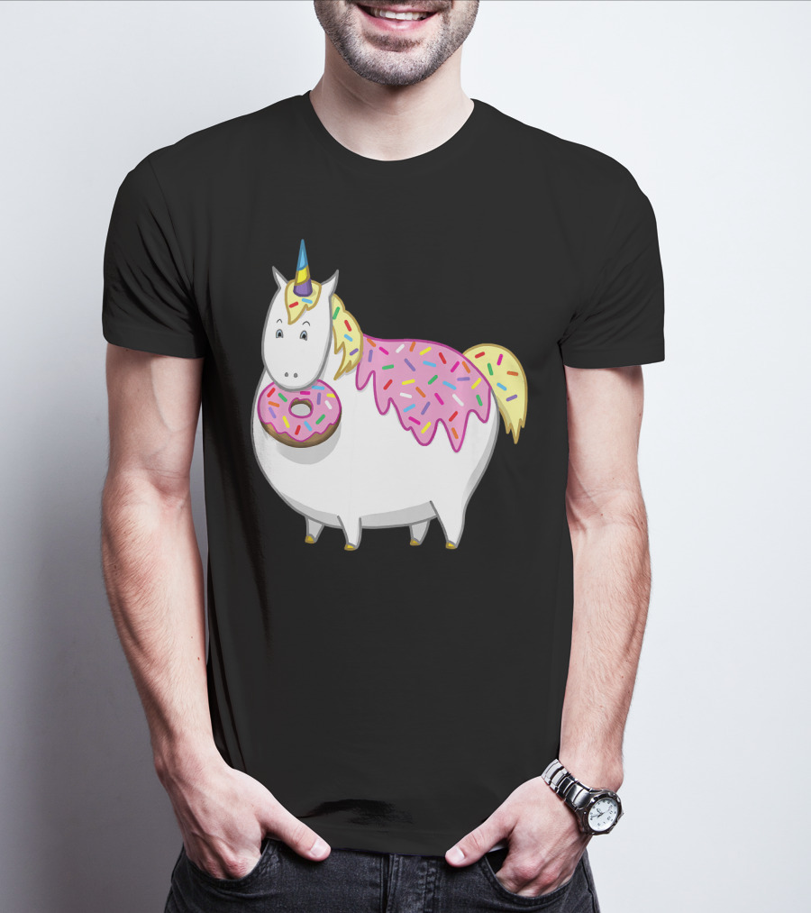 Funny Cute Fat Unicorn With Pink Frosting Doughnut T-Shirt