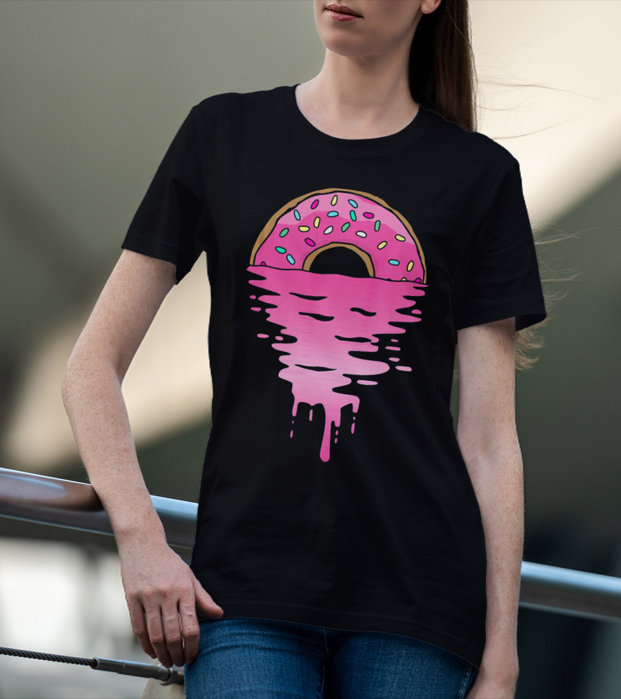 Pink Glazed Donut Melting Into Sunset Horizon T-Shirt