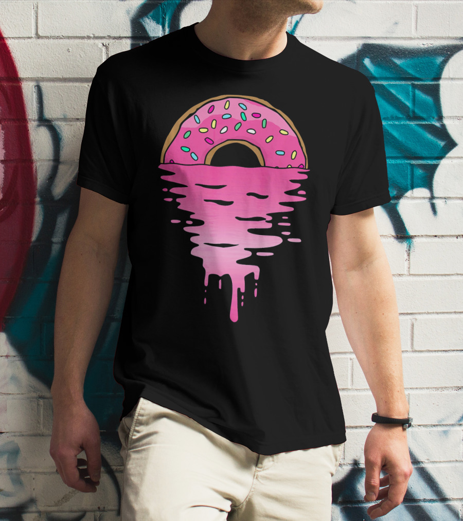 Pink Glazed Donut Melting Into Sunset Horizon T-Shirt