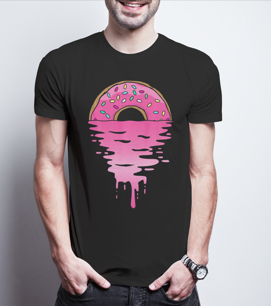 Pink Glazed Donut Melting Into Sunset Horizon T-Shirt