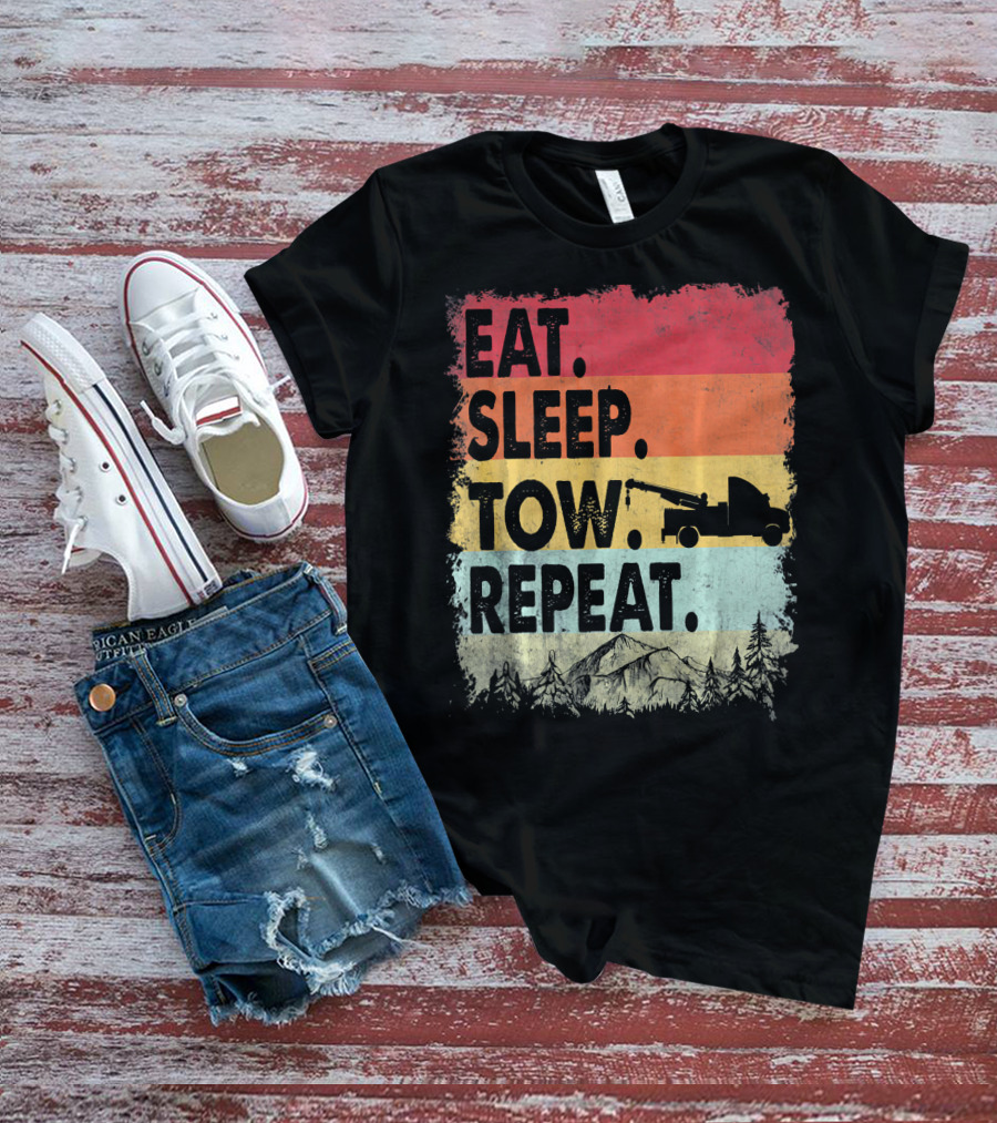 Eat Sleep Tow Repeat Funny Tow Truck Vintage Sunset Mountains Forest T-Shirt