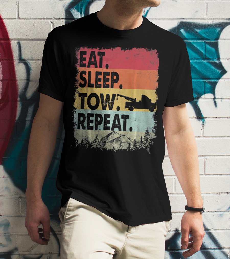 Eat Sleep Tow Repeat Funny Tow Truck Vintage Sunset Mountains Forest T-Shirt