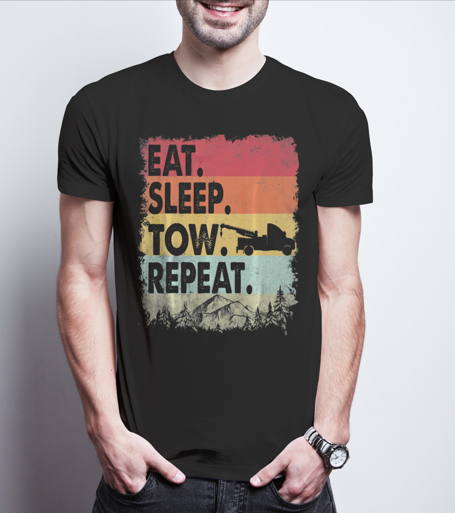 Eat Sleep Tow Repeat Funny Tow Truck Vintage Sunset Mountains Forest T-Shirt