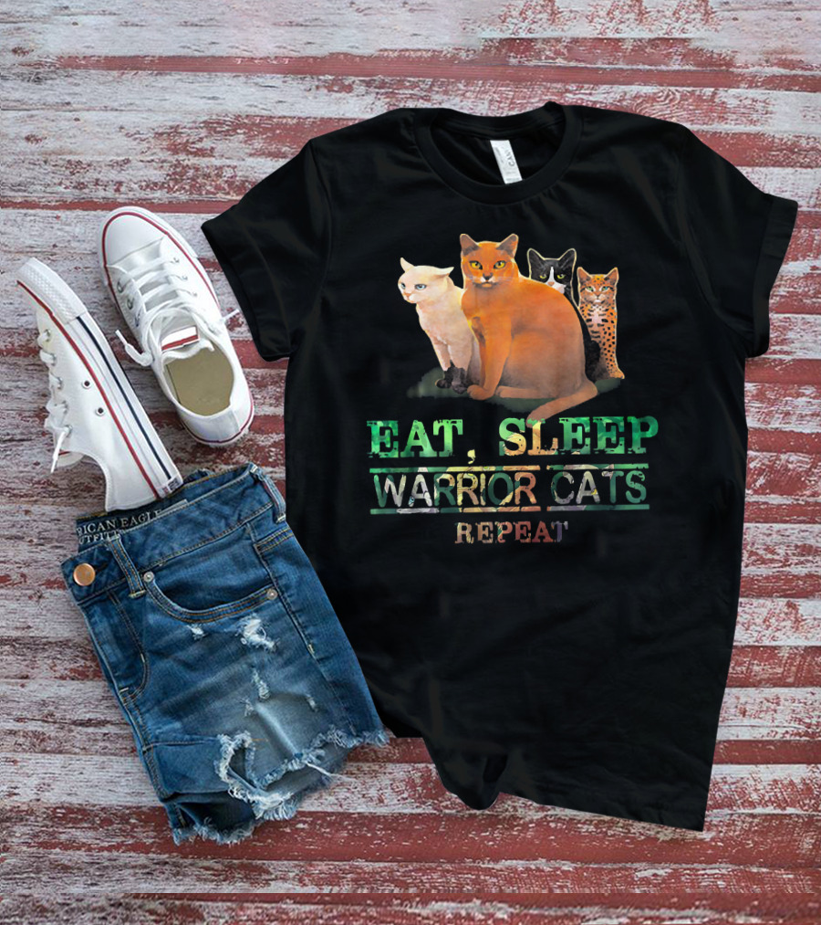 Eat Sleep Warrior Cats Repeat Funny Cat Illustration With Four Colorful Feline Characters T-Shirt
