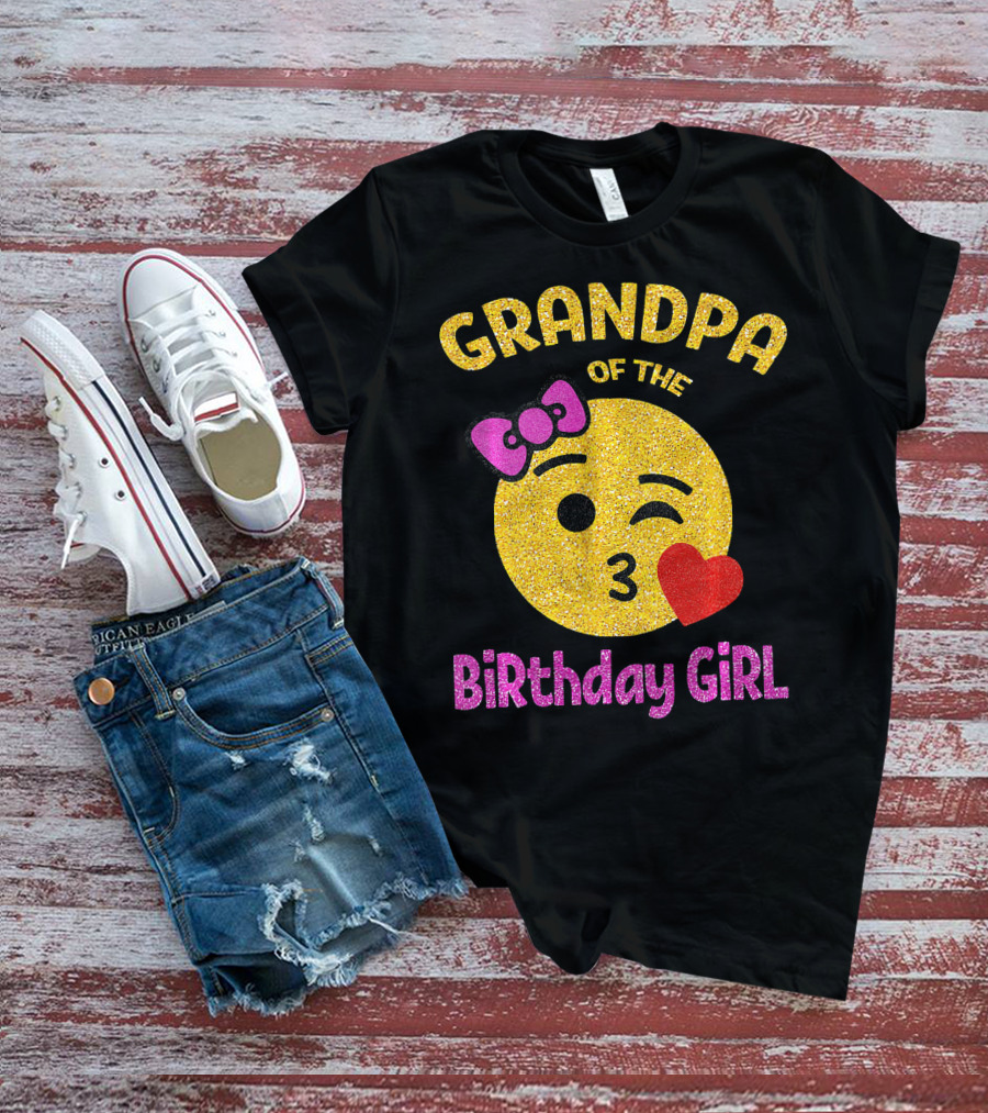 Grandpa Of The Birthday Girl Glitter Emoji Pink Bow Heart Kiss T-Shirt