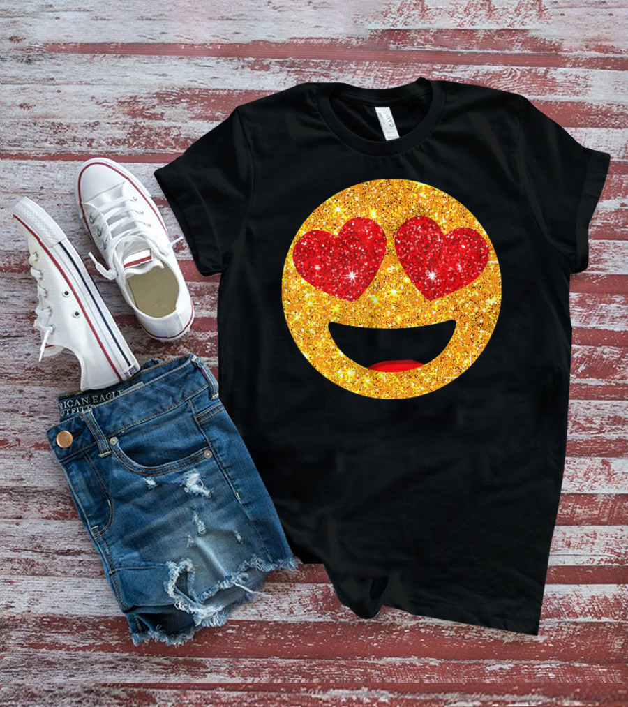 Valentines Day Heart Eyes Emoji Glittering Love Face T-Shirt