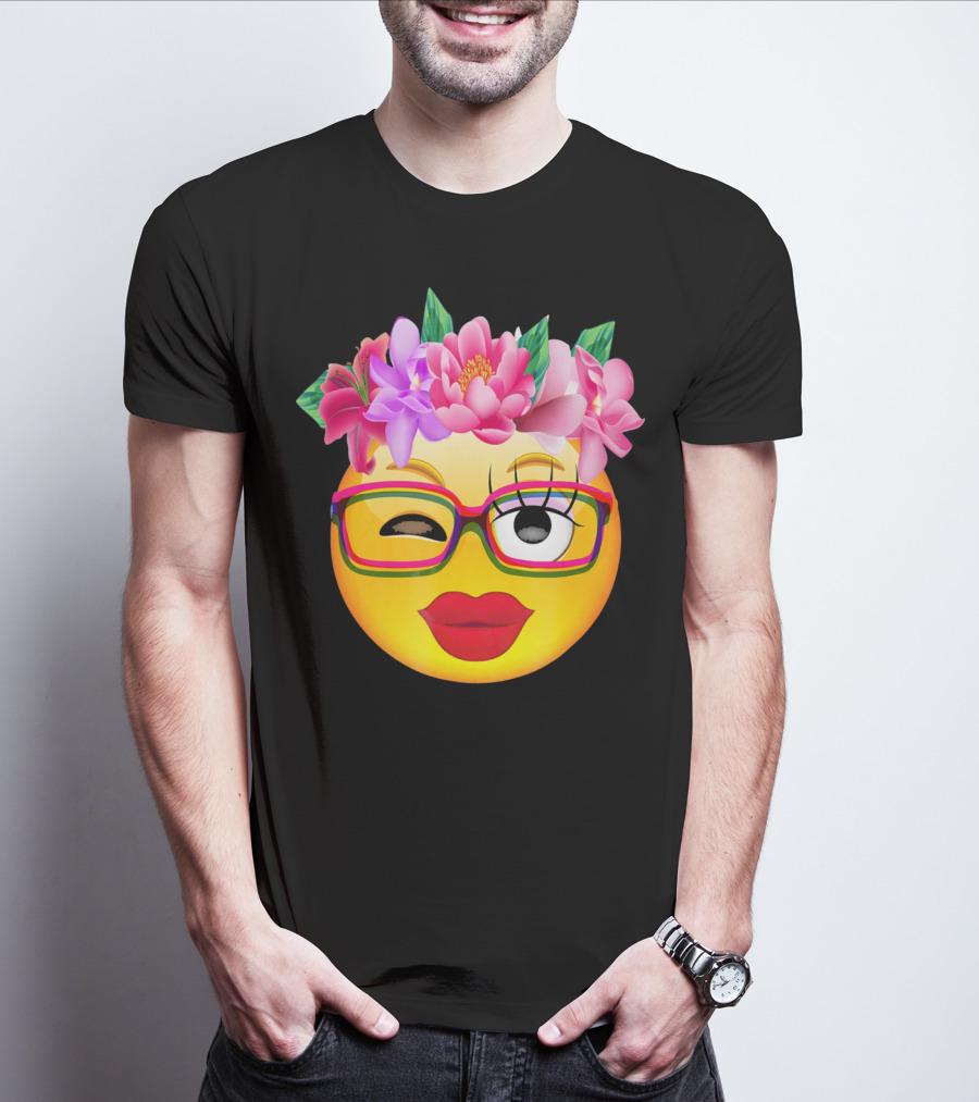 Emoji Face Smiley Emoticon Nerd Winking Glasses And Flower Crown T-Shirt