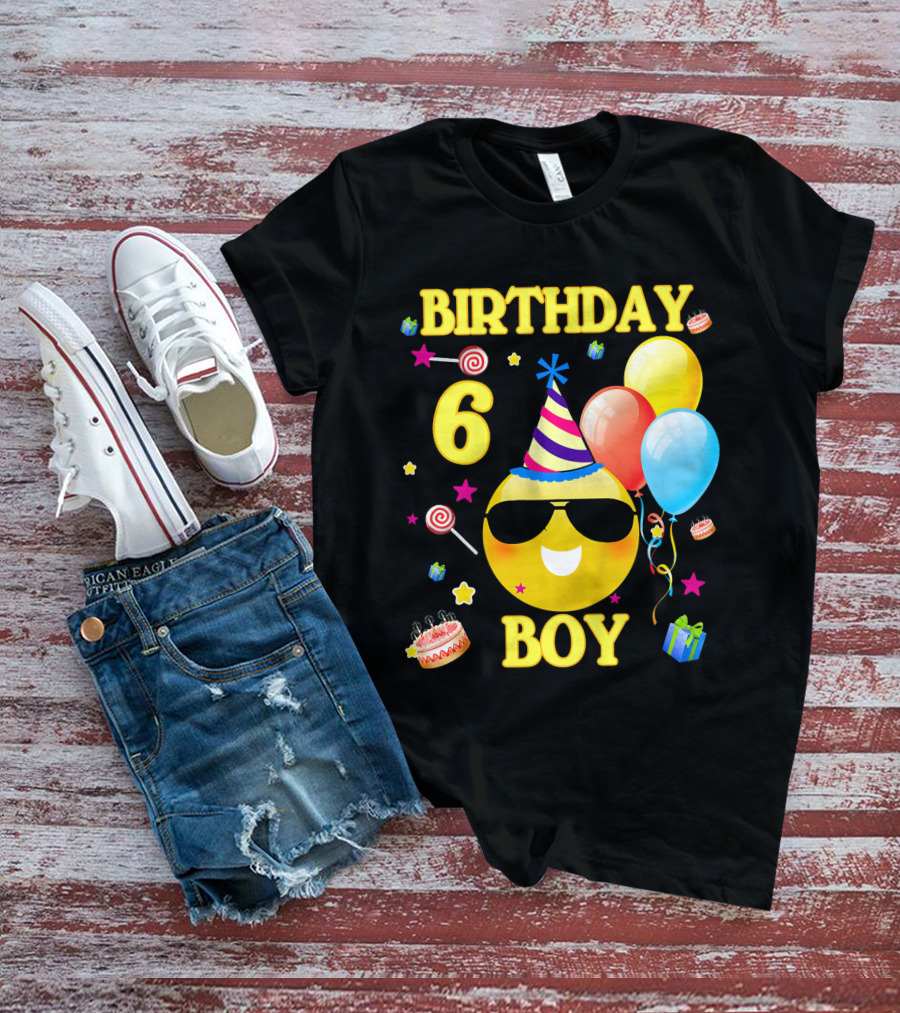 Birthday 6 Boy Emoji With Party Hat And Balloons T-Shirt