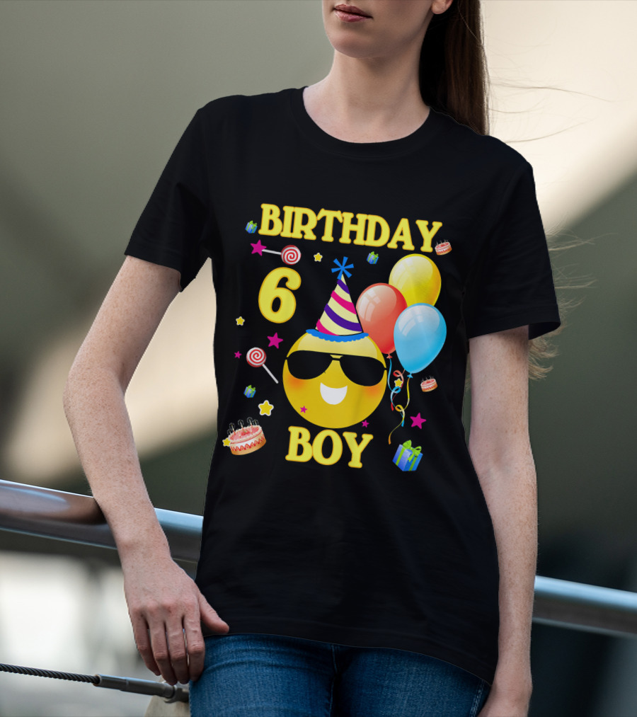 Birthday 6 Boy Emoji With Party Hat And Balloons T-Shirt