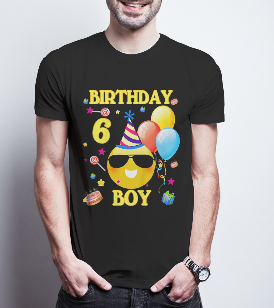 Birthday 6 Boy Emoji With Party Hat And Balloons T-Shirt