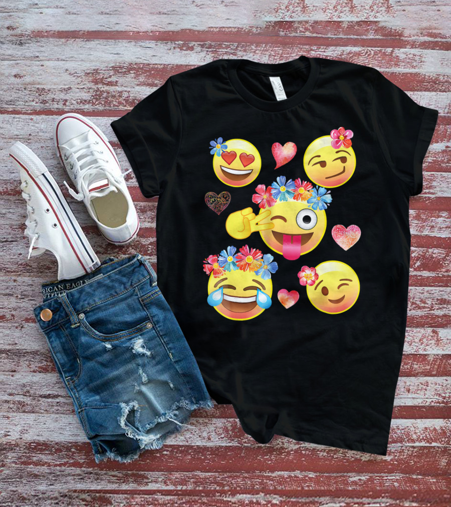 Cute Emoji Flower Crowns Heart Eyes Wink Tongue Out Laughing Crying Hearts T-Shirt