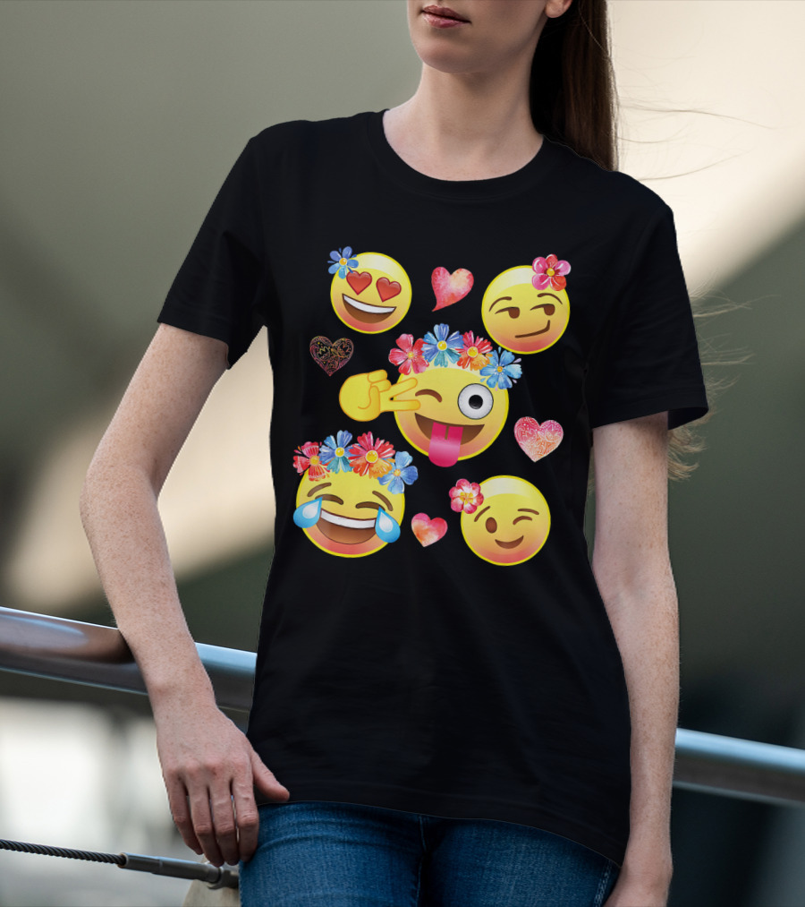 Cute Emoji Flower Crowns Heart Eyes Wink Tongue Out Laughing Crying Hearts T-Shirt