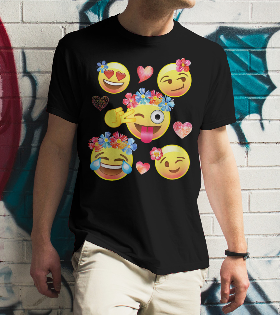 Cute Emoji Flower Crowns Heart Eyes Wink Tongue Out Laughing Crying Hearts T-Shirt